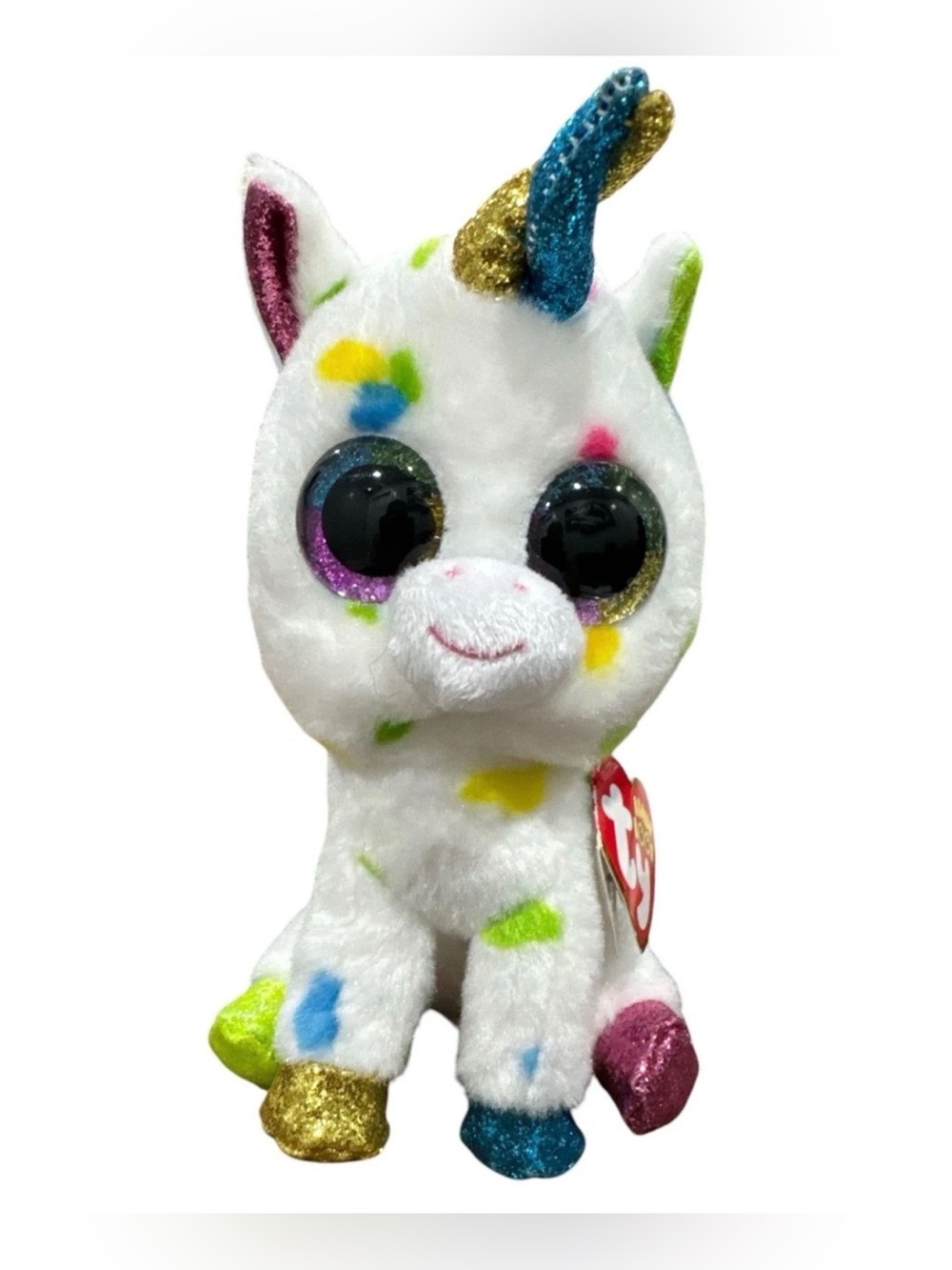 Ty Beanie Boos Harmonie Unicorn Plush 6" White With Multicolor Polka Dots & Glit